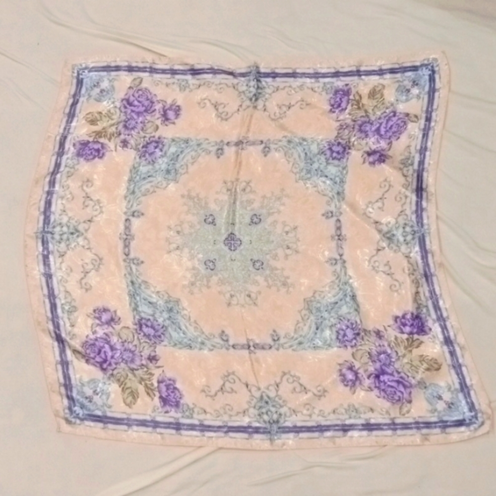 Vtg Silk Floral Scarf Unsigned Jacquard Hand rolled edges